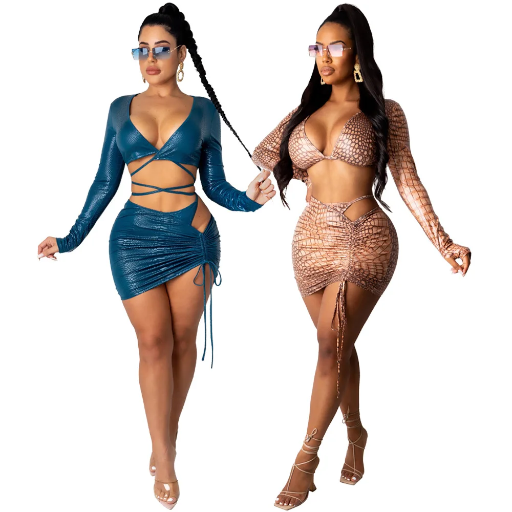 

Sexy Club Party Snake skin Women's Set Tie Up Crop Tops Ruched Midi Skirts Matching Set Tracksuit Two Piece Set Outfit