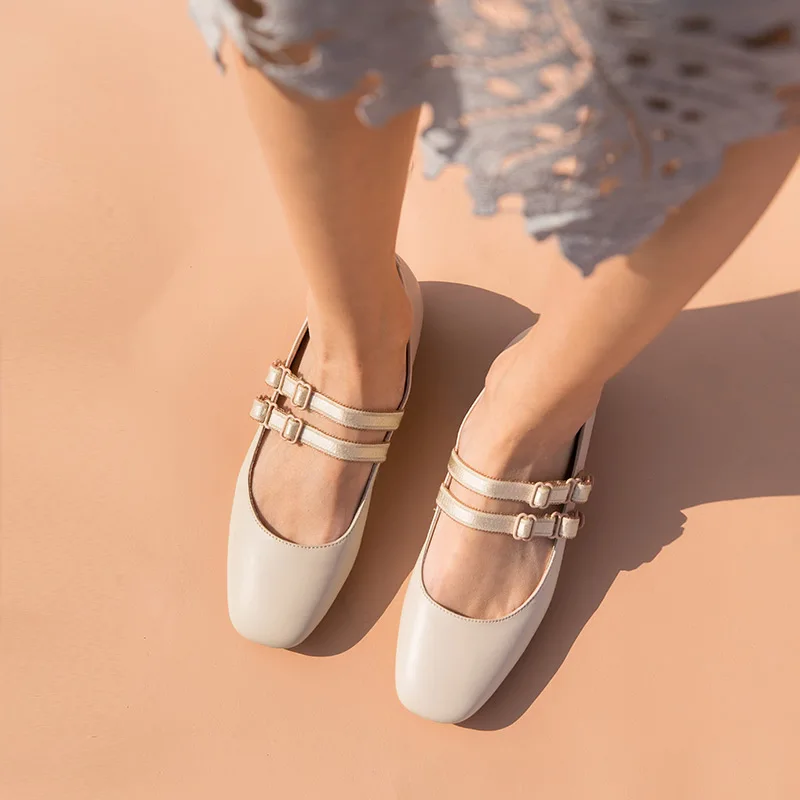 Женские балетки на плоской подошве BeauToday Мэри Джейн из телячьей кожи с квадратным