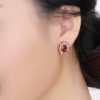black angel big flower shaped 18k rose gold luxury ruby red birthstone stud earrings for women fashion jewelry wedding gift