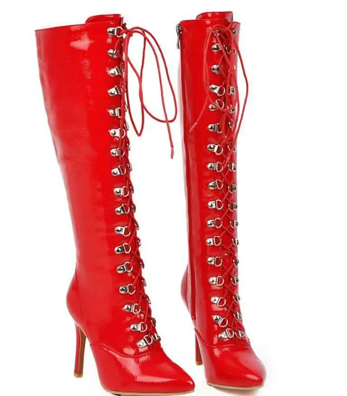 

Occident Sexy Womens Pointed Toes Lace Up Patent Leather Knee High Boots Shoes