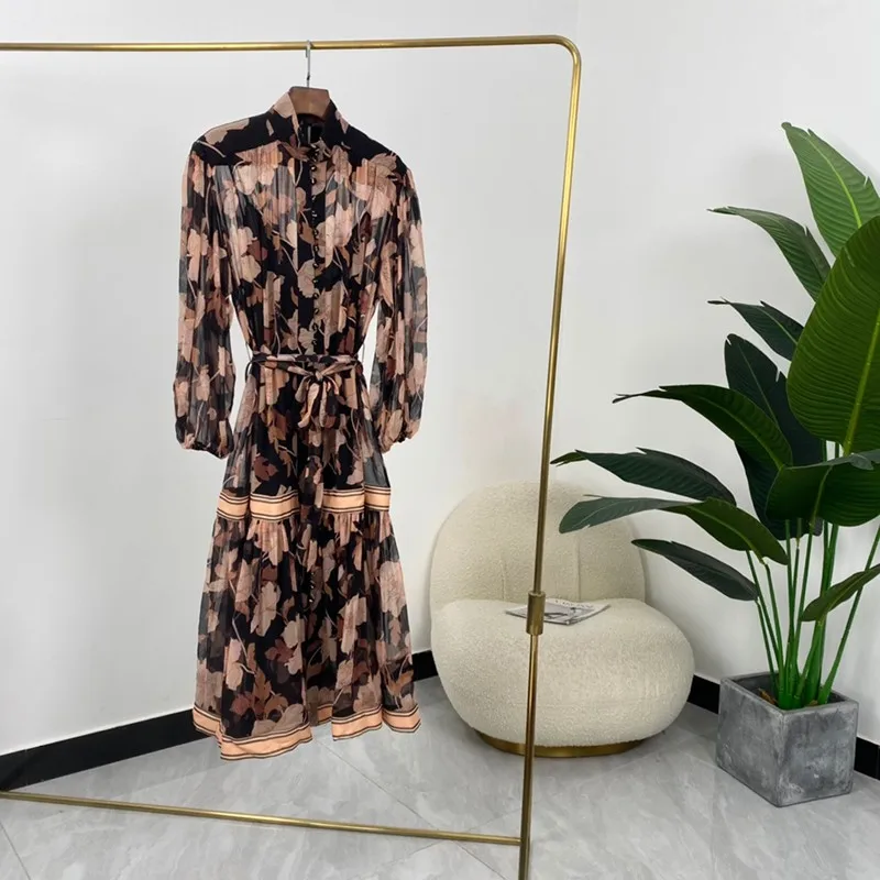 

Женское винтажное платье до середины икры, свободное черное платье из 2021 шелка с длинными рукавами-фонариками и цветочным принтом, осень 100%