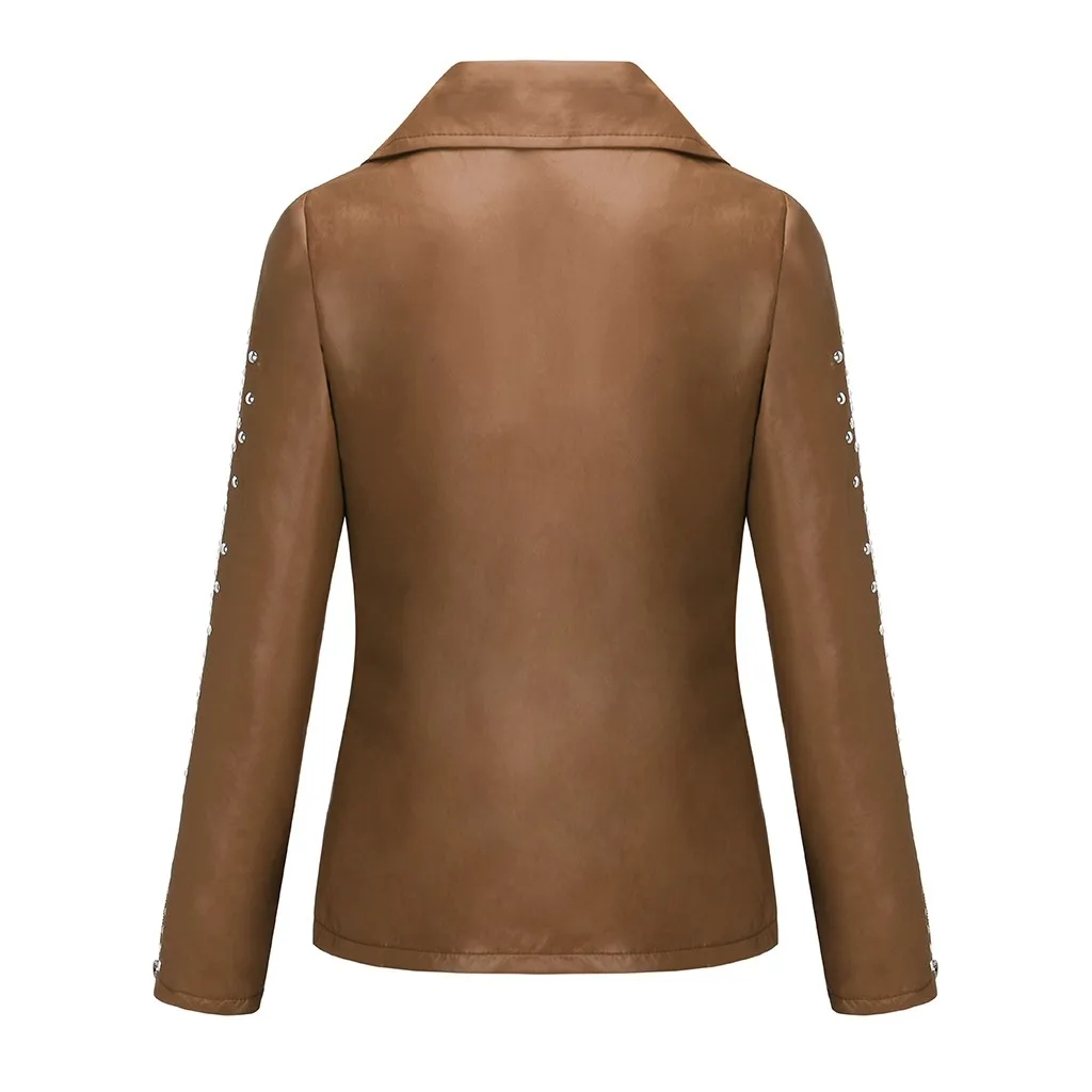 

Womens Ladies Jacket Autumn Winter leather Solid Lapel Zip Jacket Long Sleeve Coat Studs Short Moto Biker Coat Outerwear #40