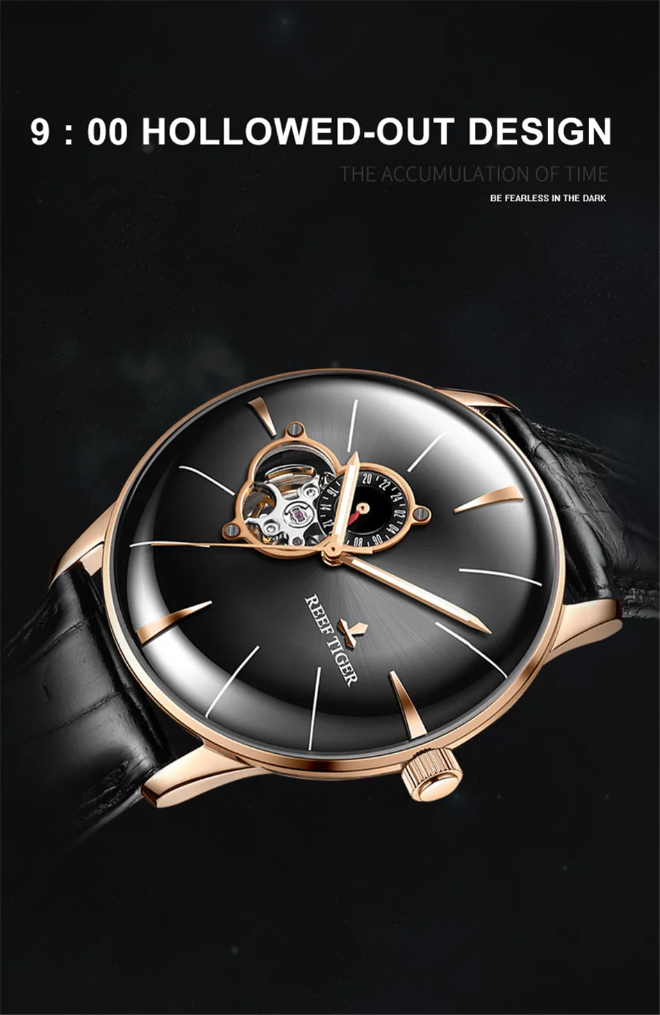 Reef Tiger бренд Tourbillon черный циферблат водонепроницаемые автоматические часы Топ Механические Роскошный кожаный ремешок мужские часы reloj hombre
