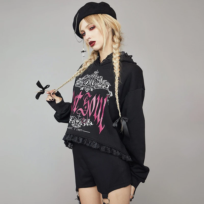 Женский укороченный топ с капюшоном InsDoit черный готический Кружевной в стиле