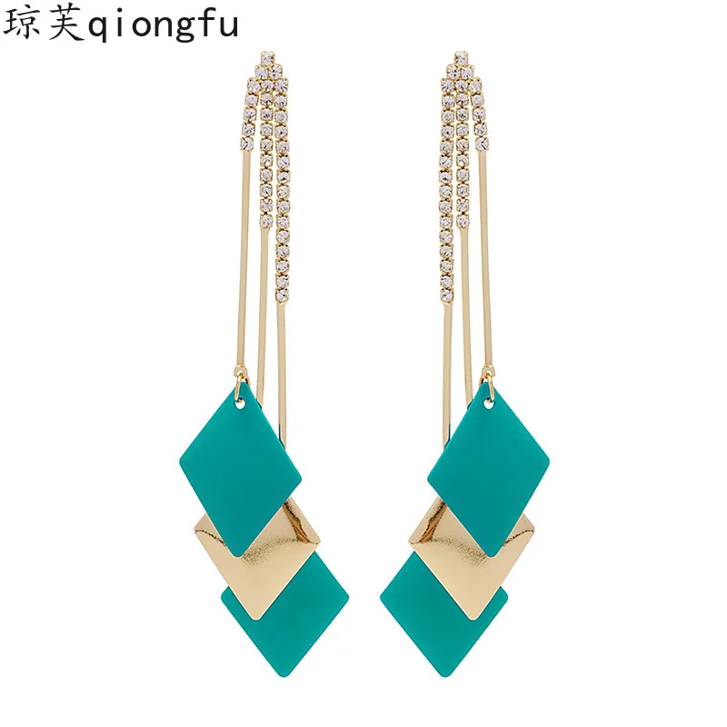 

Silver Needle Diamond Geometric Diamond Tassel Earrings Japan and South Korea Long Style Atmospheric Face Thin Earrings boho