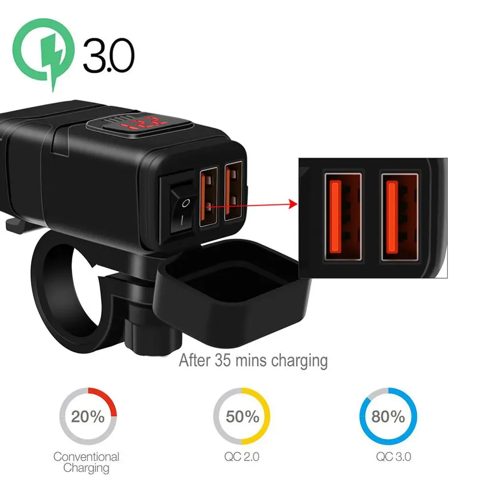Мотоциклетное быстрое зарядное устройство 12В SAE к USB адаптеру с вольтметром на