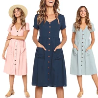 vintage short sleeve dress for ladies buttons v neck midi vestidos female