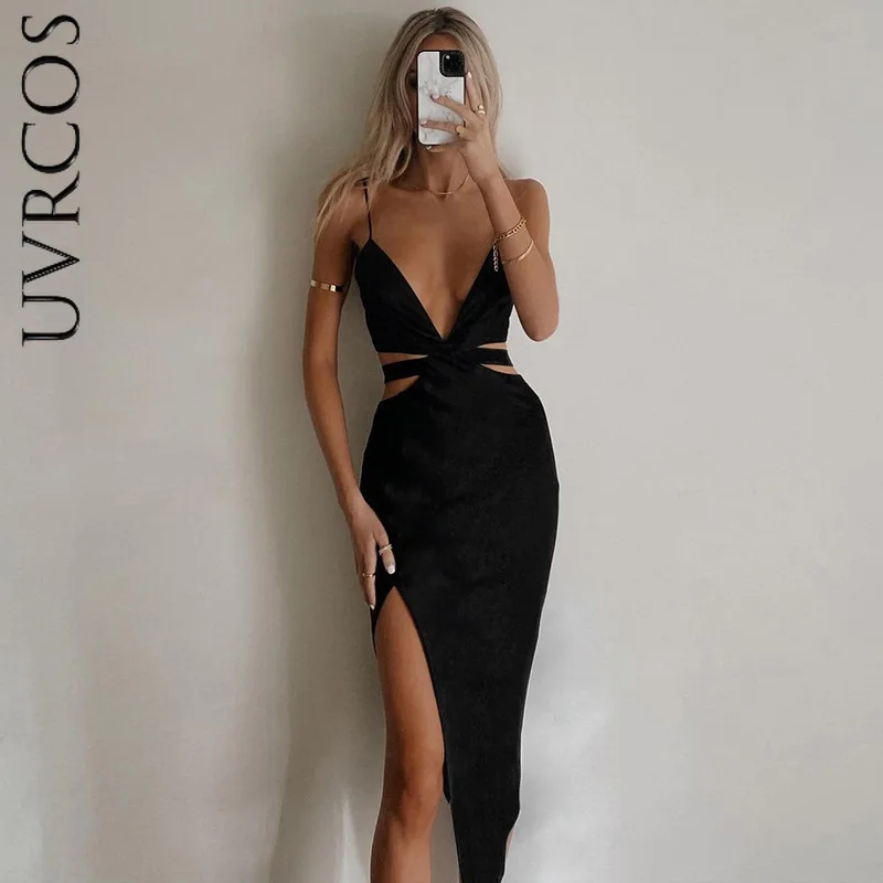 

Women’s Sexy Suspender Long Dress Fashion Solid Color V Neck Hollow Out Backless High Waist Tight Dress Party Dress 2021 New