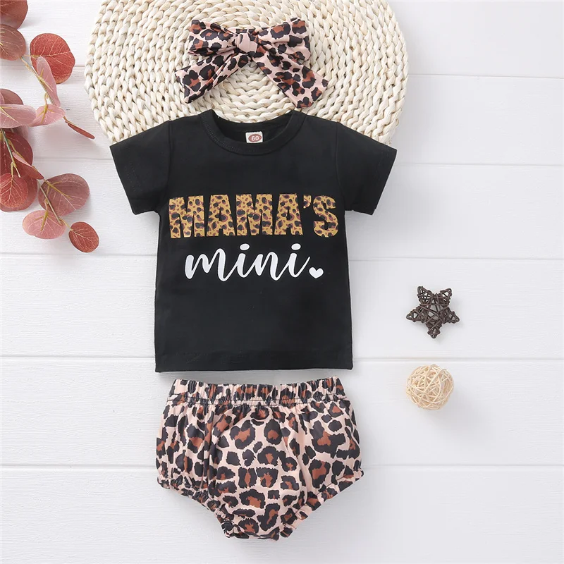 

3Pcs Newborn Casual Outfits Unisex Baby Headband MAMA'S MINI Print Short Sleeve Round Neck T-shirt + Leopard Shorts 0-24M