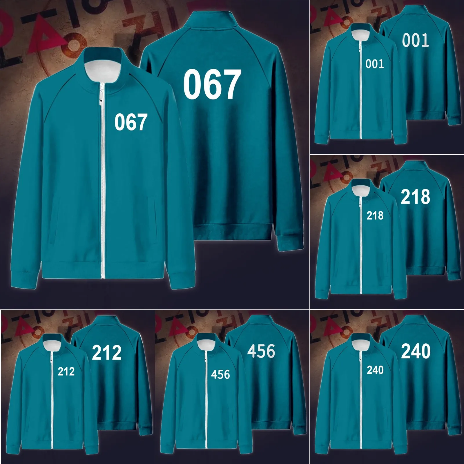 

Hot Squid Game Sweatshirts Uniex Numer 456 067 Printing Cardigan Zip Up Jacket Top Long Sleeve Zip Tracksuits Cosplay Costumes