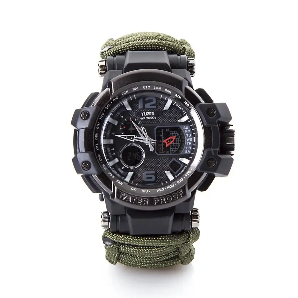 Army Green QMXD многофункциональные часы для кемпинга, часы для выживания, компас, термометр, спасательная веревка, Паракорд, браслет, оборудование, набор инструментов - Цвет: Army Green