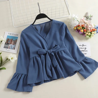 blue Neploe, однотонная блузка с расклешенными рукавами для девочек,, консервативный стиль, весна-осень, Modis, рубашка с v-образным вырезом и поясом, модная женская блуза 69702 - Цвет: blue