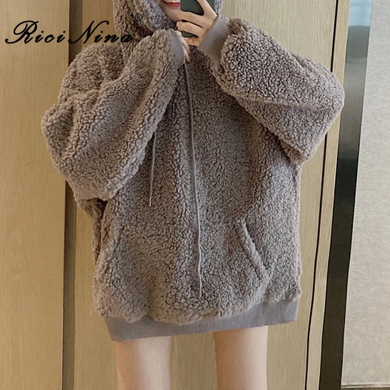 RICININA Iambswool женская толстовка с капюшоном 2019 длинный рукав карман длинные и