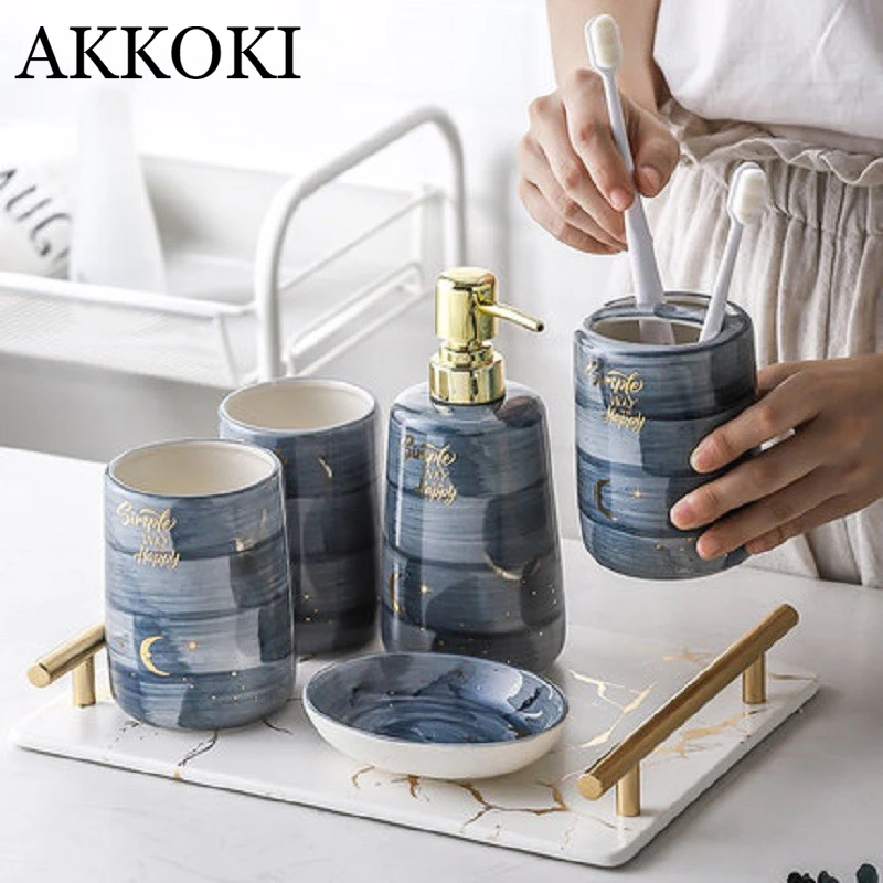 Creative Marble Ceramics Five-Piece Bathroom Toilet Accessories Sets Toothbrush Holder Mouthwash Cup Shampoo Dispenser Soap Dish