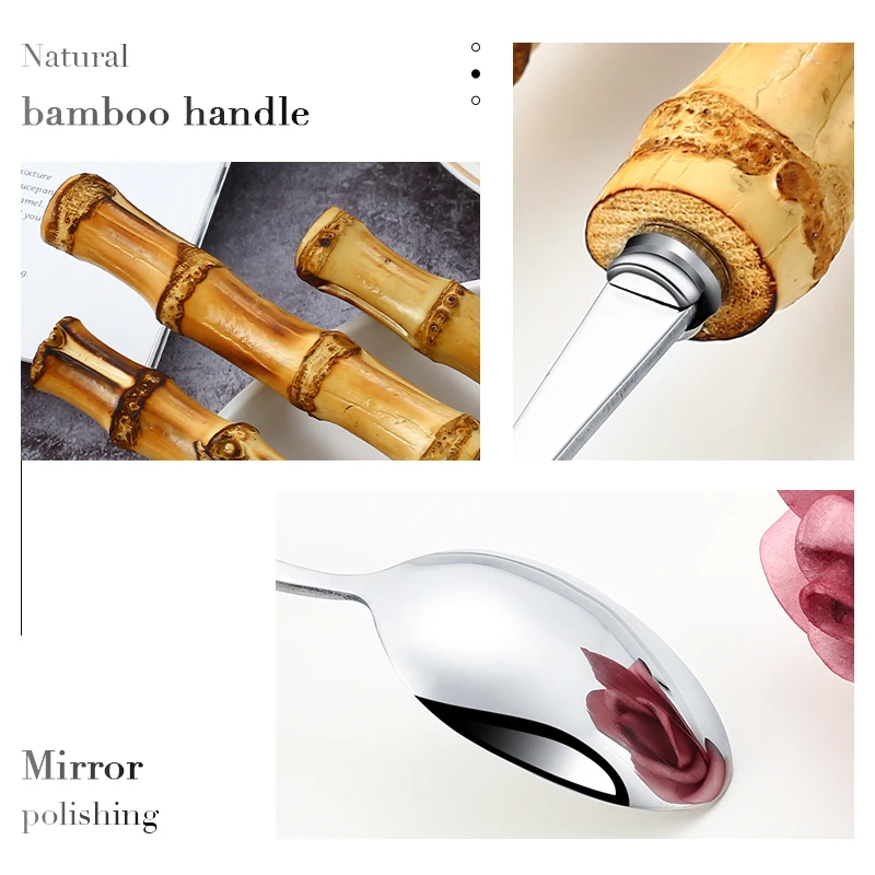 5Pcs Bamboo Handle Tableware Set Stainless Steel Cutlery Knife Fork Spoon Dessert Teaspoon Flatware Pure natural |