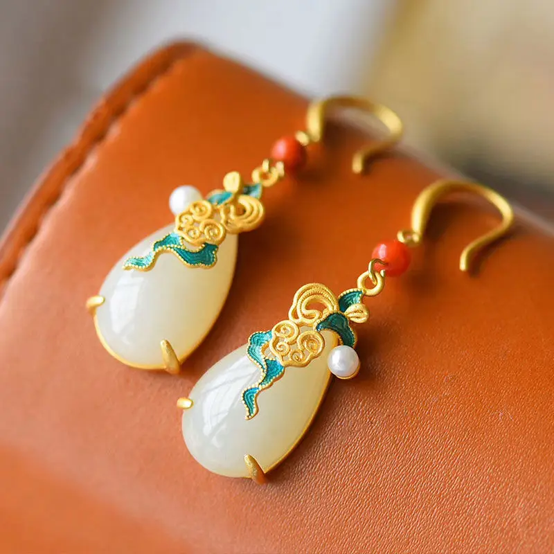 

Ethnic Style Earrings Sterling Silver Cloisonne Inlaid Hetian Jade Water Drop Earrings Women's Long Classical Temperament to Giv