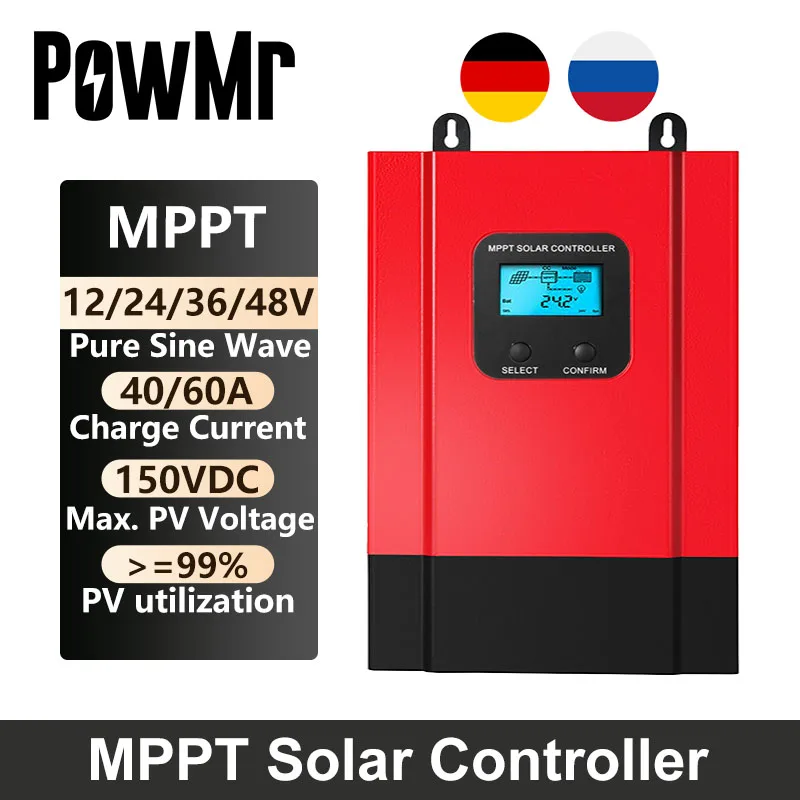 PowMr Esmart3 MPPT 40A 60A Solar Charge Controller Solar Battery 12V/24V/36/48V Auto Max 150V Solar Panel High Efficiency Input
