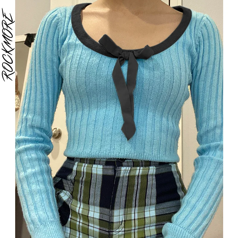 

Rockmore Autumn Crewneck Bow Sweaters Women Slim Knitted Jumpers Casual Long Sleeve Pullovers Autumn Female Y2K Kawaii Knitwear