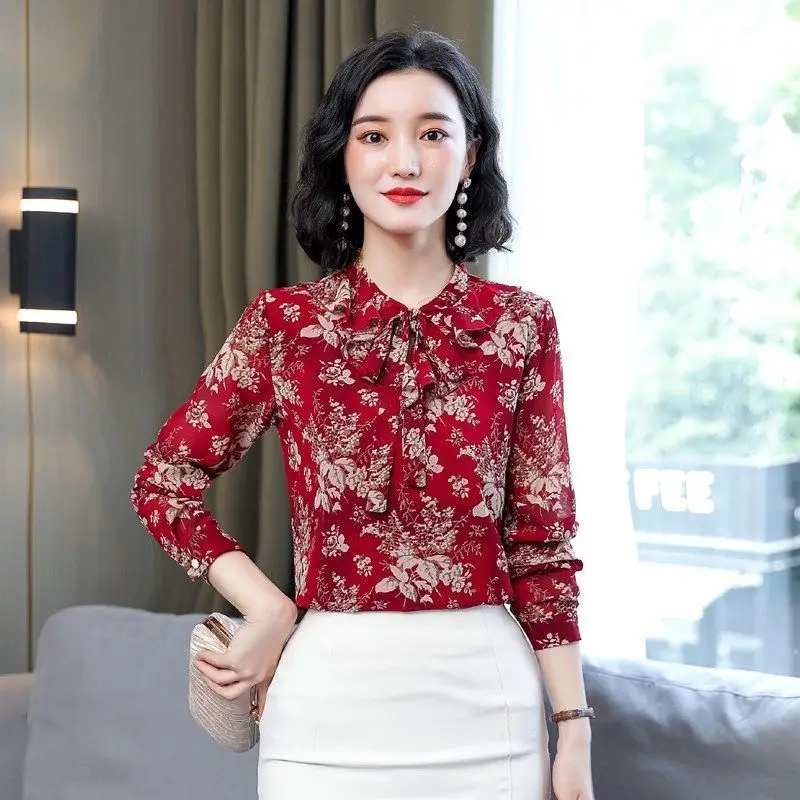Женская блузка женская шифоновая рубашка Женский Осенний Топ с длинным рукавом