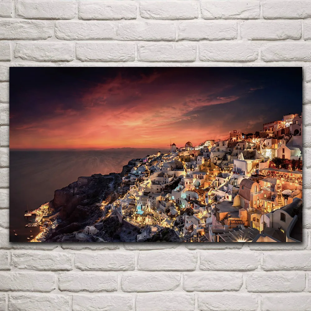 

Santorini island greece sunset coast town home landscape fabric posters on wall picture home art living room decoration KQ369