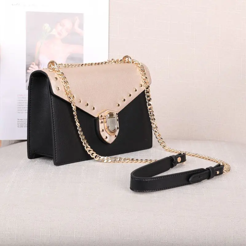 

WOONAM Women Fashion Handbag Genuine Calf Leather Contrast Color Rivets Studs Box Flap Bag