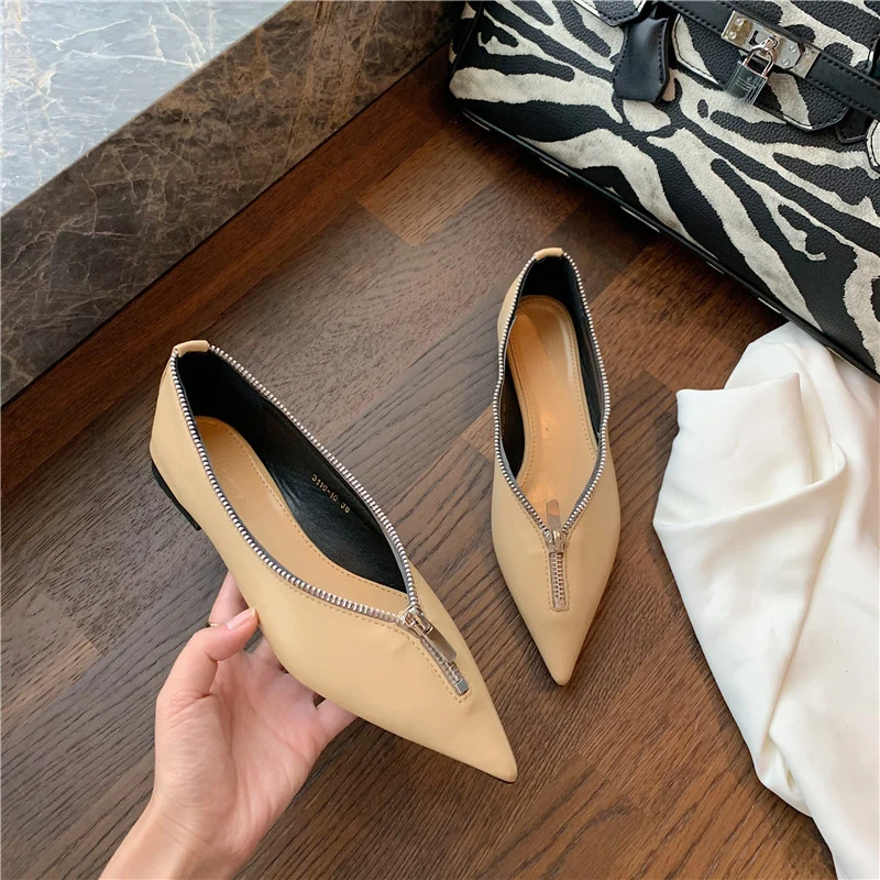 

2021 Fashion Women's Shoes New Pointed Toe Flats Quality Retro Small Slip On Spring Summer Lady Zipper Elegant Single Shoe