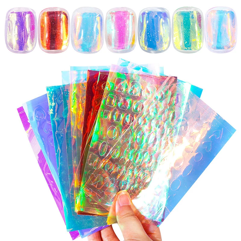 

10-16 листов наклеек для дизайна ногтей с лазером Аврора, сердцем, 3D Переводные стеклянные наклейки для ногтей, наклейки для маникюра, дизайн н...