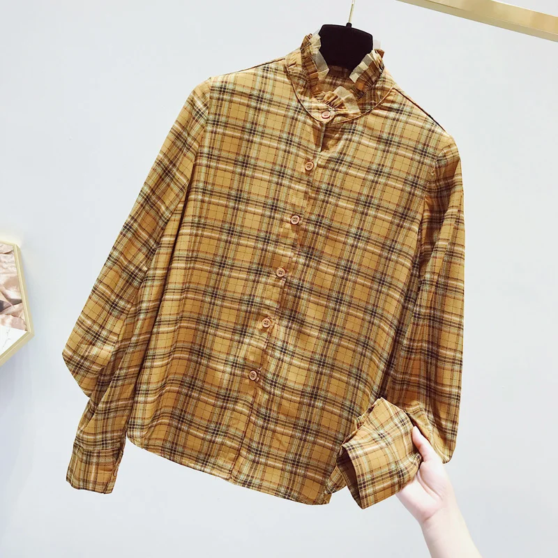 yellow shirt Новая Осенняя Женская клетчатая рубашка с воротником-стойкой и длинным рукавом, блузка+ трикотажное платье-жилет, женский свитер, костюм - Цвет: yellow shirt
