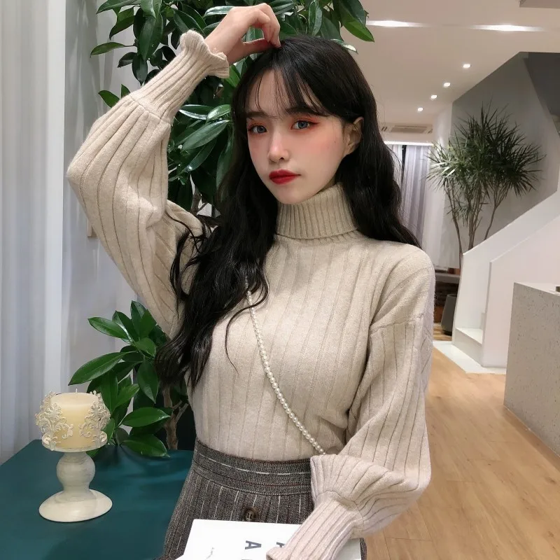 

Fall/winter 2020 new loose high neck pullover design sense puff sleeve outer wear long sleeve knitted sweater women