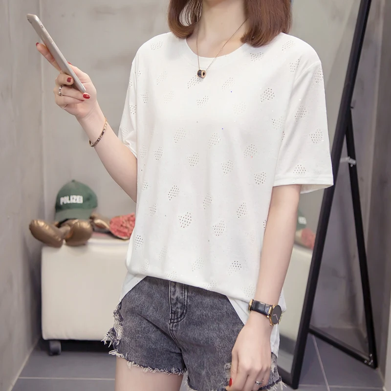 

Новая летняя модная белая футболка с короткими рукавами и полым дизайном, женская повседневная свободная дышащая удобная женская футболка ...