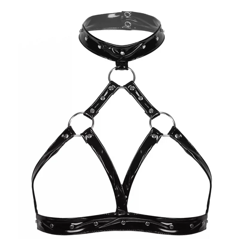 

Женский сексуальный открытый кожаный бюстгальтер, эротический глянцевый латексный бюстгальтер с открытой шеей и металлическими заклепкам...