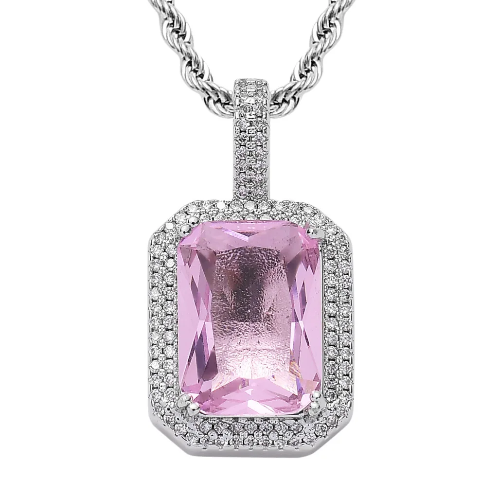

Twist Chain Hip Hop Square Solid Zircon Color Gemstone Pendant Hip Hop Men and Women Micro Inlaid Real Gold Plating Necklace