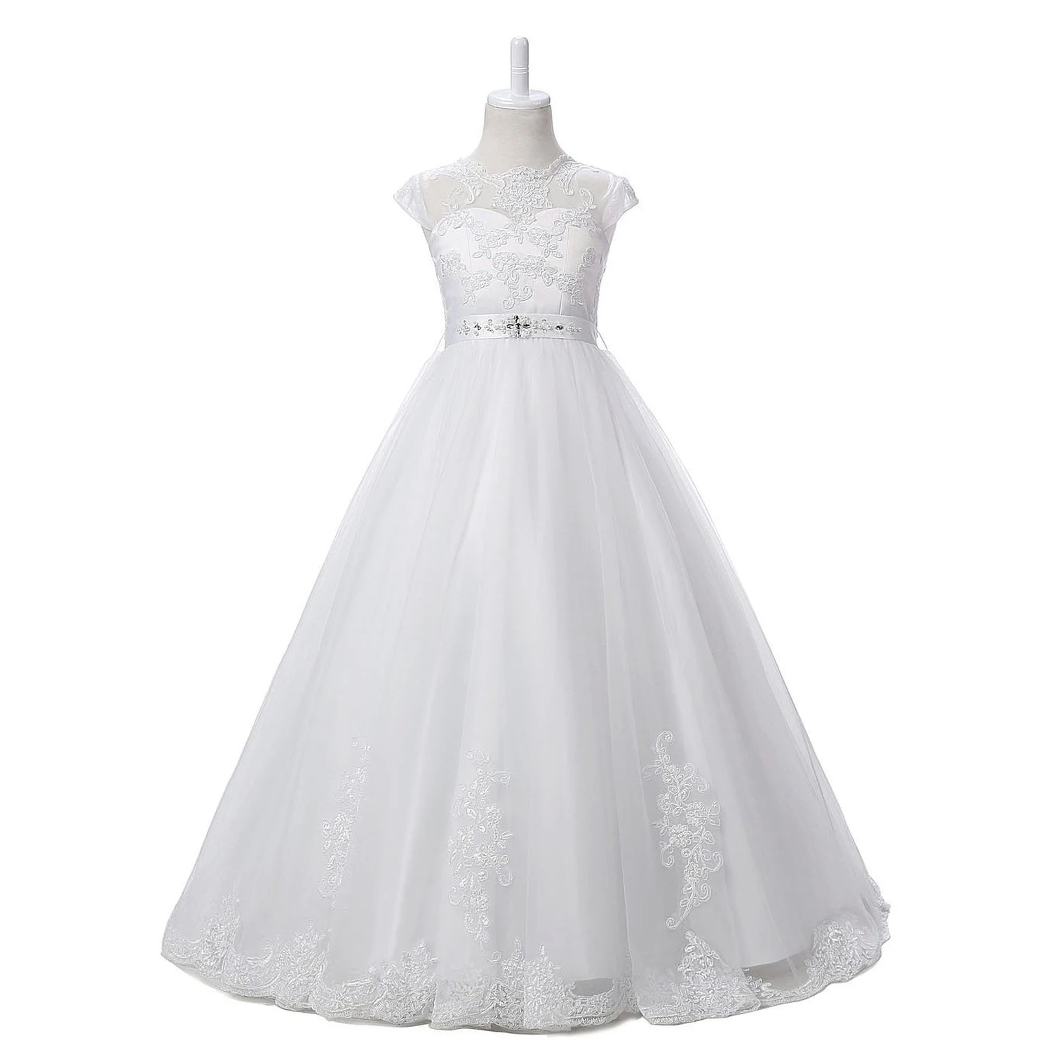 

White Pageant Wedding Flower Girls Dresses First Communion Scoop Lace Dress Princess Kids Birthday Party Gowns vestido de fiesta