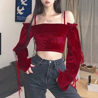 women french bow puff long sleeved red t shirt womans fall new korean style spaghetti strap slim body tops female solid tshirt