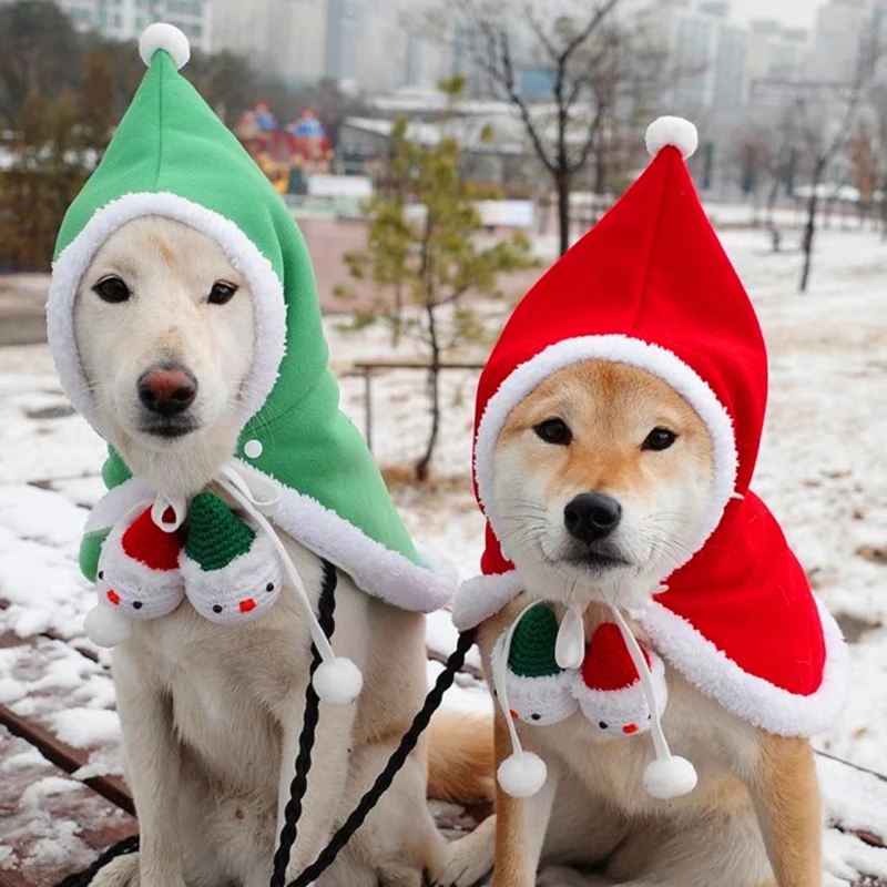 Теплая мягкая накидка с капюшоном для собаки на Рождество зеленая плащ кошек