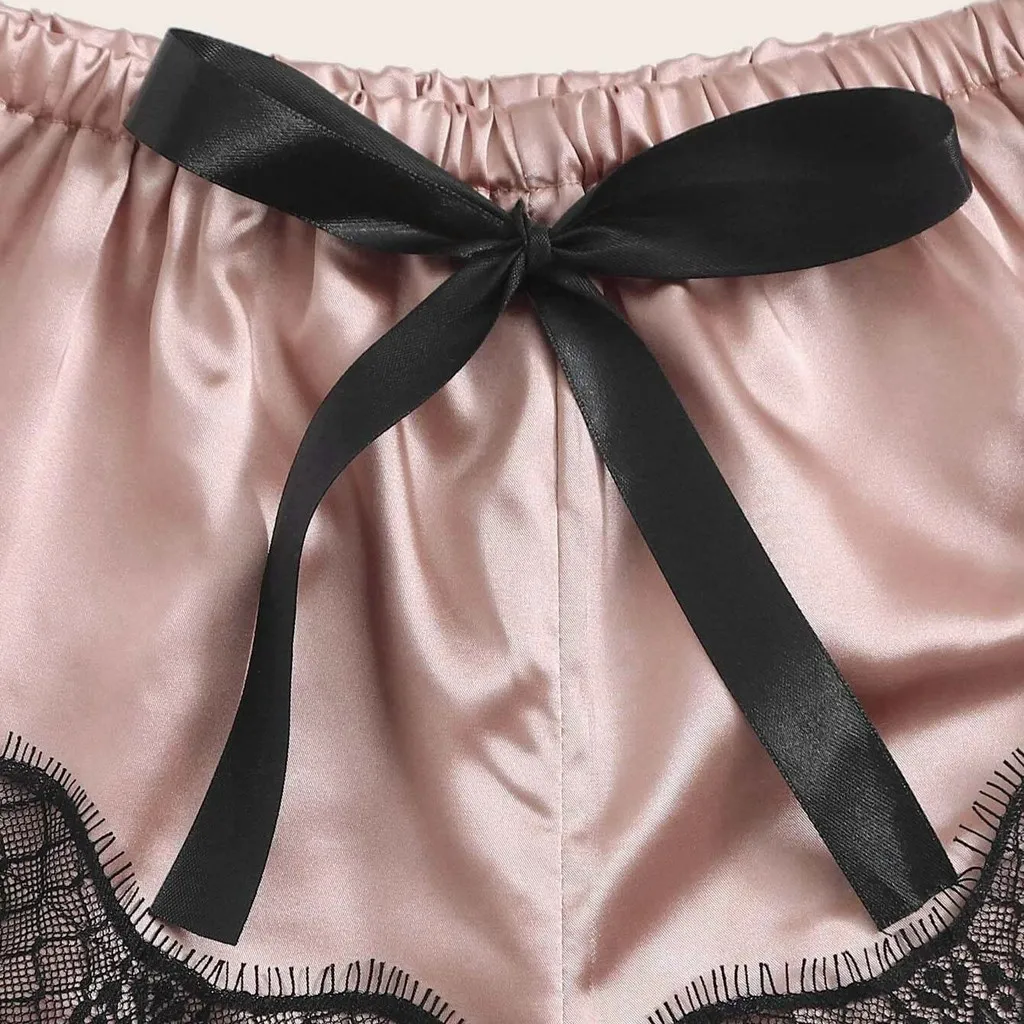 Sexy Lingerie Pyjamas Women Satin Sleepwear Lace Silk Print Cami Shorts Bow Bra Set Underwear Pyjama Femme Pizama Damska#W