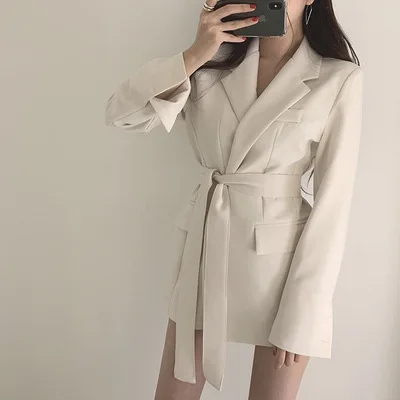 

Womens Casual Blazers Open Front Long Sleeve Work Office Jackets Elegant Notched Collar Lace-Up Lady Blazer Blusas Femme
