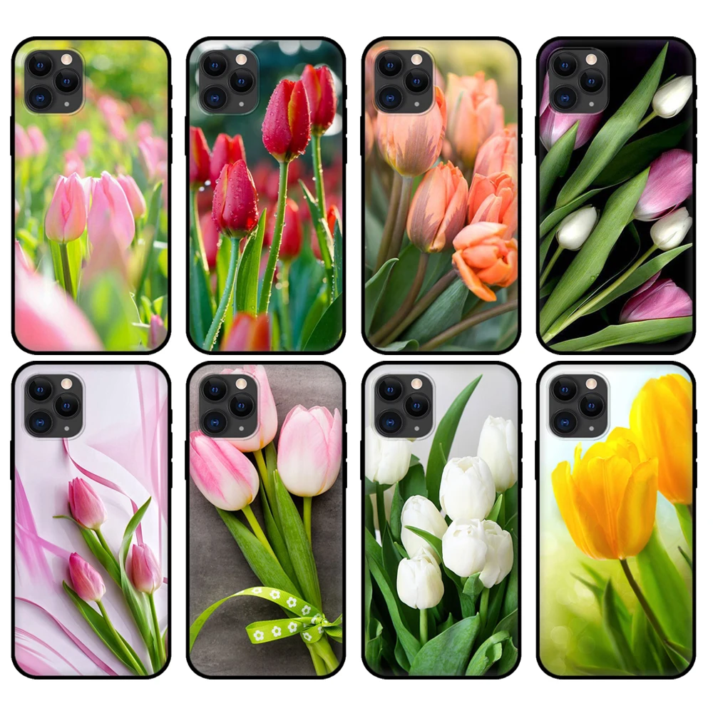 black tpu case for iphone 5 5s se 6 6s 7 8 plus x 10 cover for iphone xr xs 11 pro max case tulips flower spring free global shipping