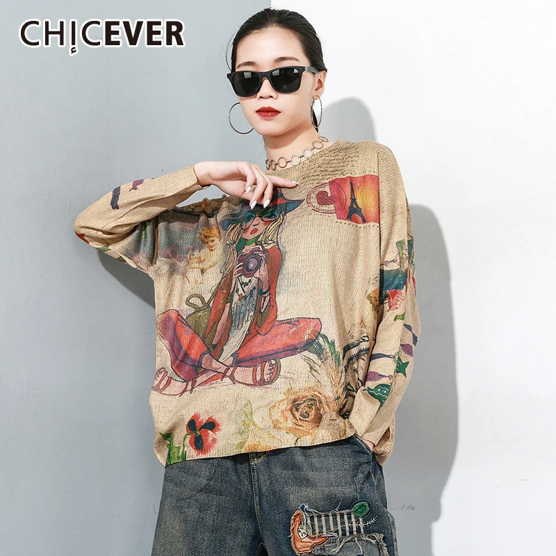 CHICEVER, корейский принт, вязанный женский свитер с круглым вырезом, рукав-фонарик, Свободный Повседневный пуловер, женский свитер, осень