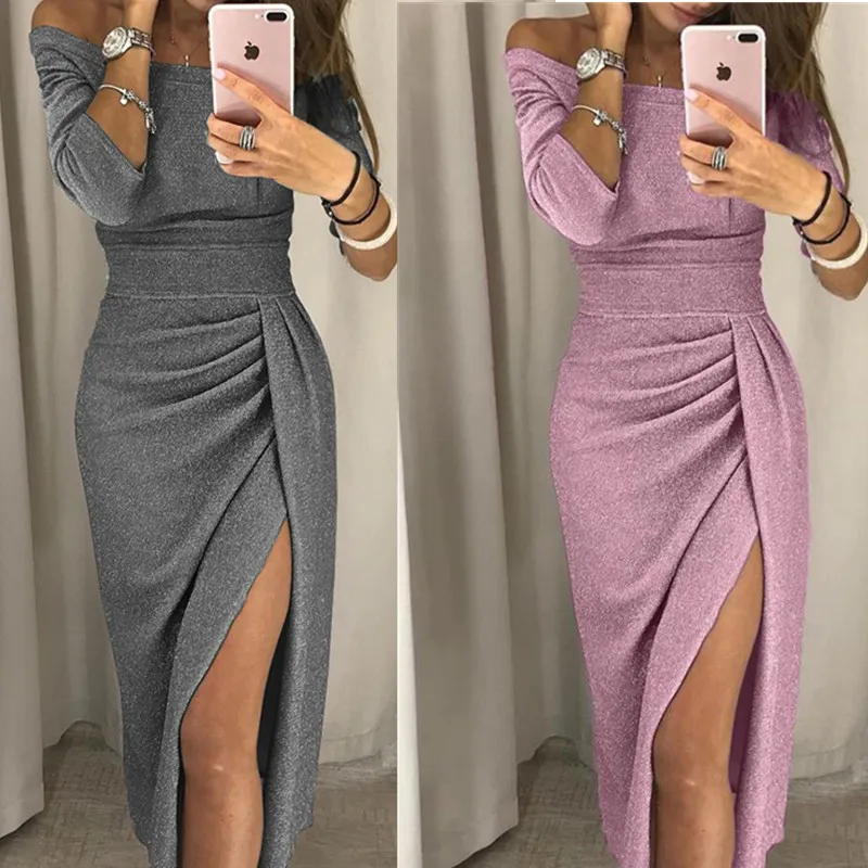 

2021 Ladies Sexy Buttock Slits One-word Collar Dress Bright Dress Dress Party Barelegged Dinner Dress