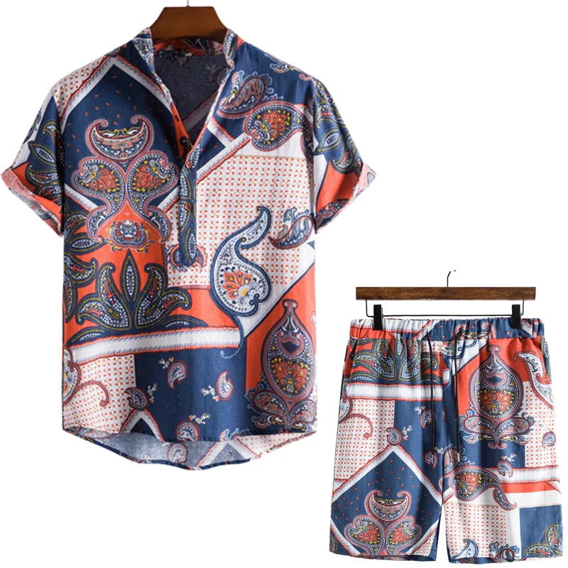 

Mens Paisley Print 2 Pieces Set (Shirt+Shorts) Hipster Summer Short Sleeve Hawaiian Shirt Suits Holiday Vacation Outfits Sets