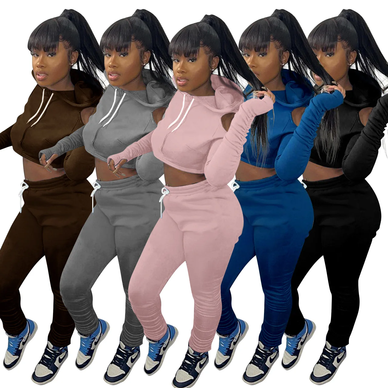 

45Q21S978 осенне-зимний женский Повседневный модный однотонный спортивный комплект из двух предметов с капюшоном Топ и штаны спортивный костюм...