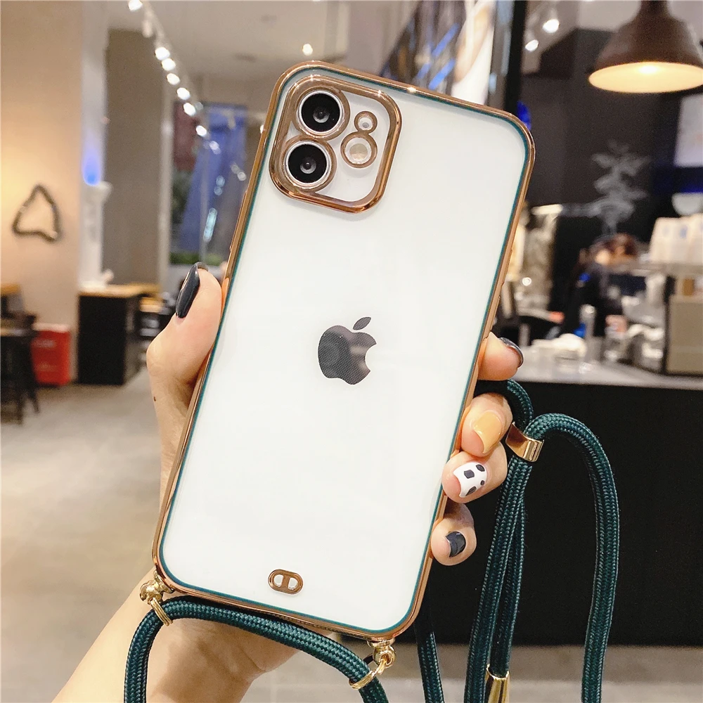 Fashion Electroplated Lanyard Strap Cord Chain Clear Soft Silicon Phone Case For iPhone 13 12 11 Pro Max XS XR 8 7Plus Mini SE X best iphone se case