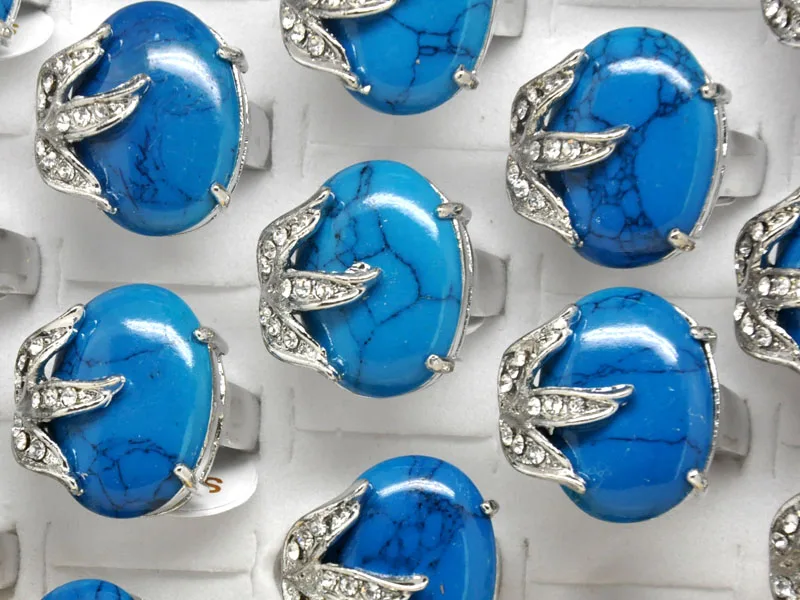 

20pcs Wholesale Vintage Tibet Boho Silver Blue Stone Rings for Womens Mens Party Turquoises Antique Big Oval Carved Flower Ring