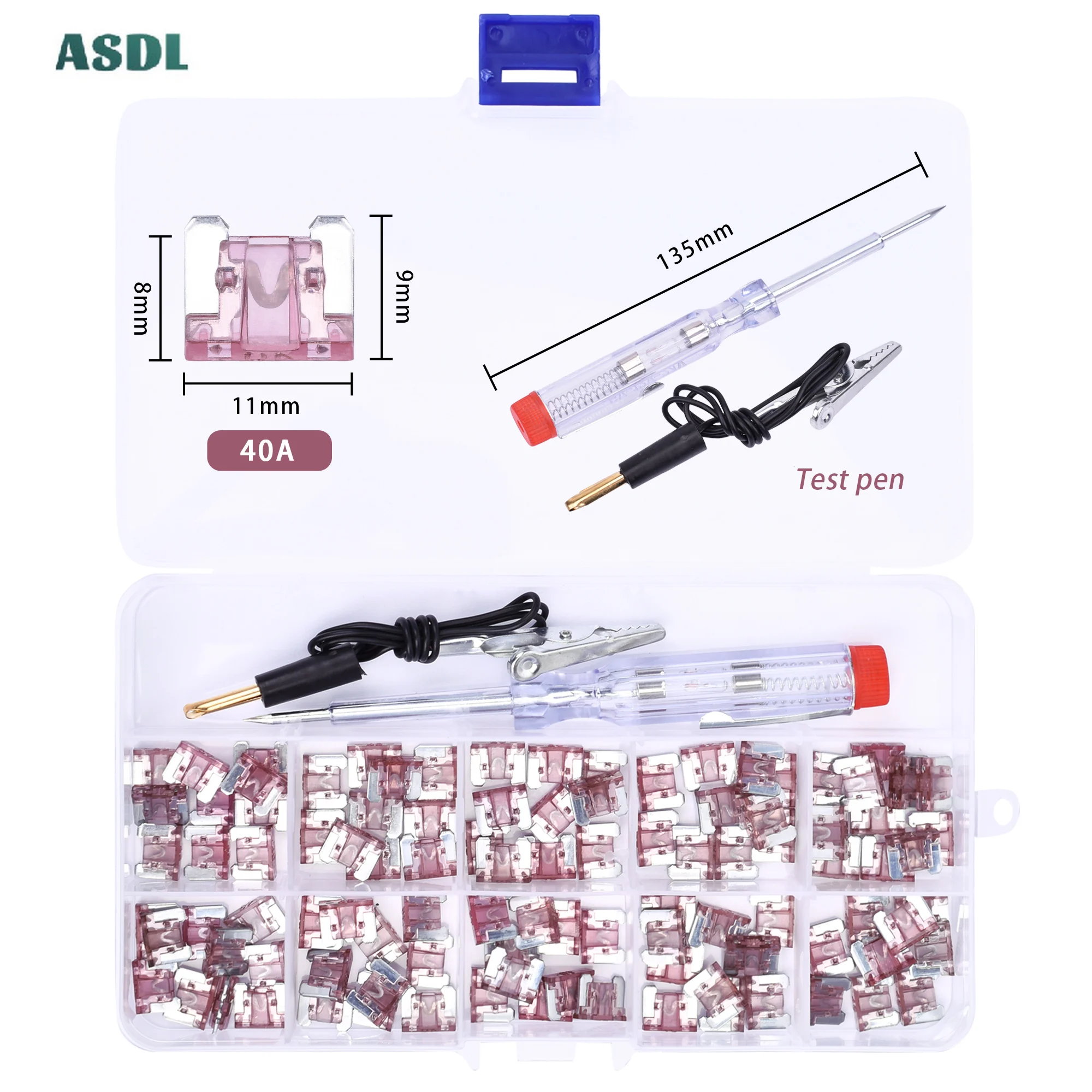 

100Pcs 40A Auto Fuse Standard Mini Size Blade Car Fuse Set for Auto Car Truck Kit Accessories with Test Pen Box Combination