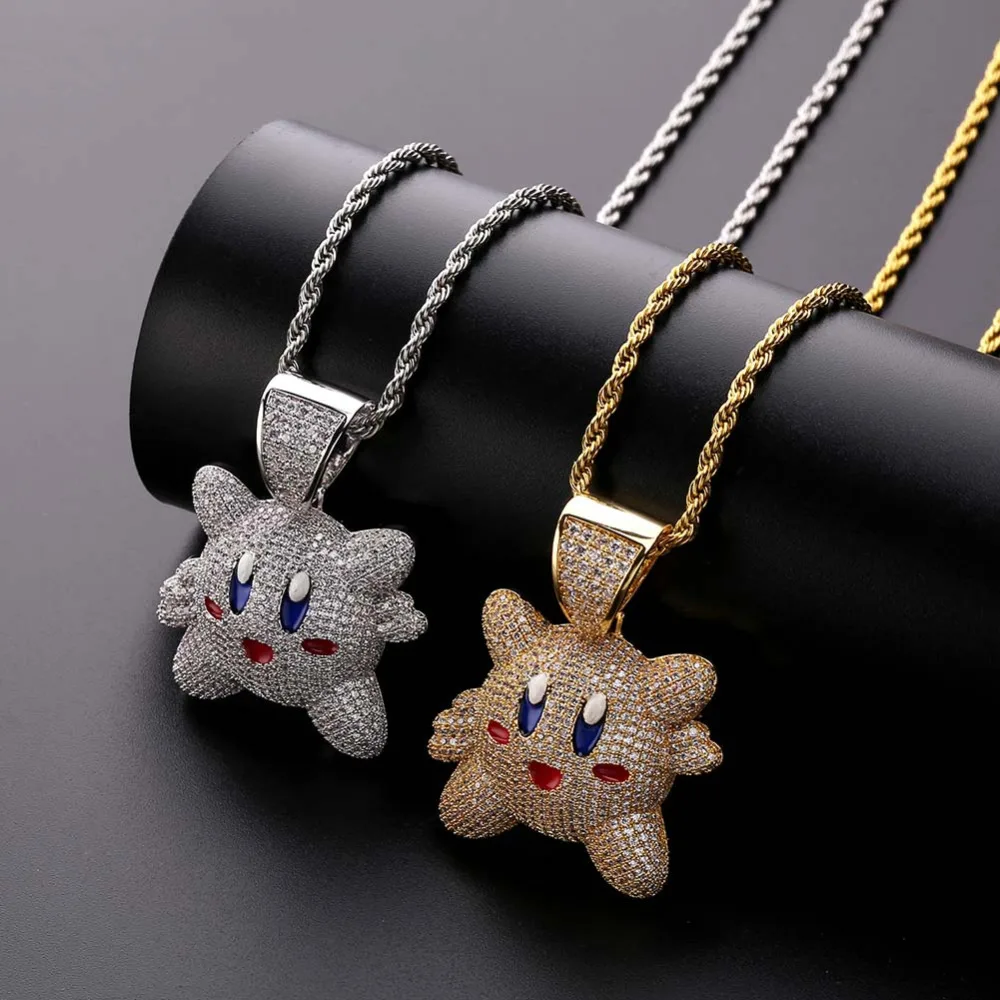 

New Fashion Cartoon Kirby Pendant Necklace Iced Out Cubic Zircon Chain For Man Women Hip Hop Jewelry Gifts