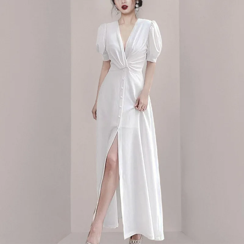 

JSXDHK Elegant Runway Summer V Neck Dress Fashion Women Single Breasted Chiffon White Puff Sleeve High Waist Split Long Dresses
