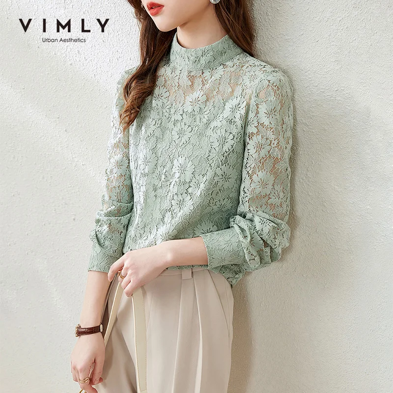 

VIMLY Spring Women Lace Blouse Office Lady Elegant Half Turtleneck Hollow Out Pullover Women Vest Shirts Female Tops F6606