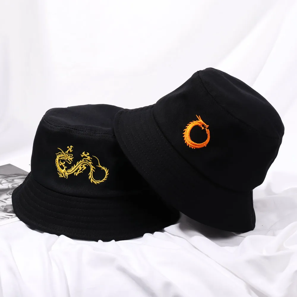 Панама с вышивкой китайского дракона для мужчин и женщин черные шапки рыбаков в
