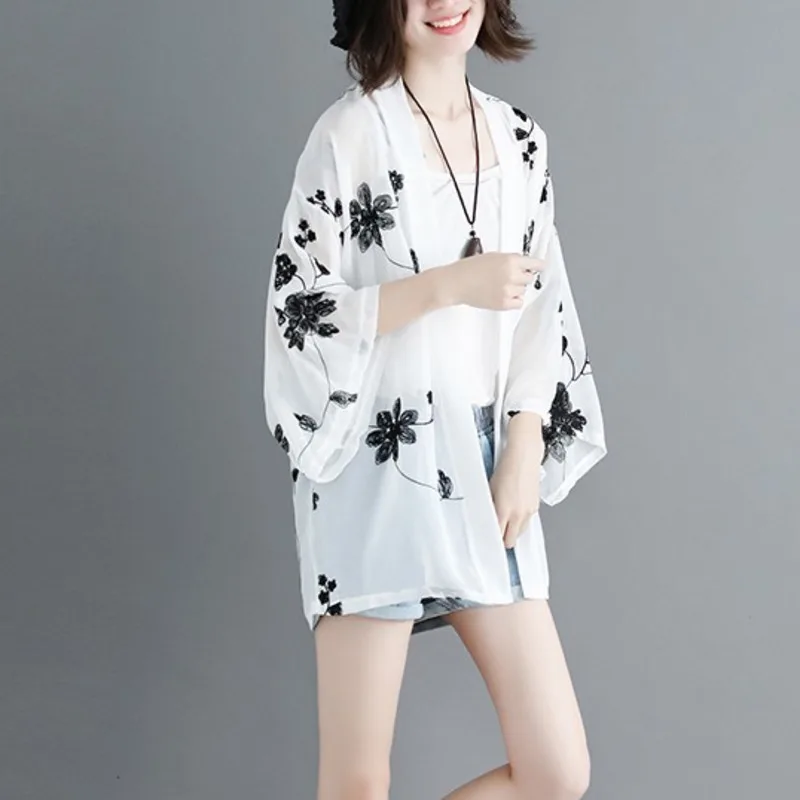 #2812 летнее шифоновое кимоно женское прозрачное пальто кардиган с цветочной